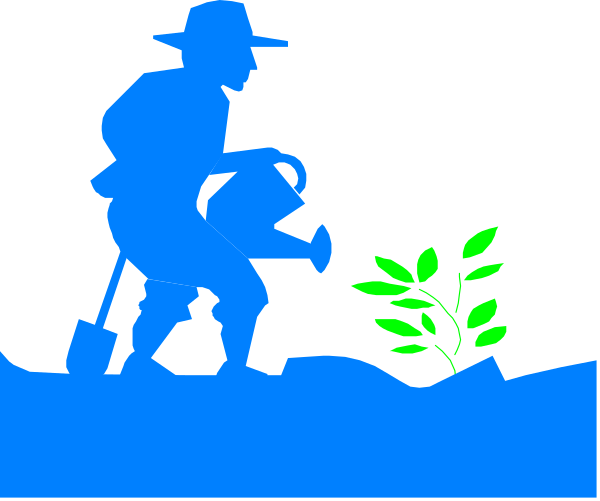The image shows a cartoon of an animated man planting a tree with water droplets around it; he is wearing boots and has a shovel in his hand while standing on soil next to what appears to be a riverbank, under blue sky.