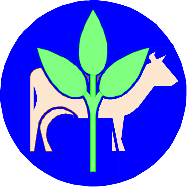 The image shows a blue circle with two smaller circles inside it: on top is an icon of a cow next to a plant leaf symbolizing agriculture; below that is another small circular logo featuring what appears to be a stylized depiction of a calf or young animal, possibly representing livestock.