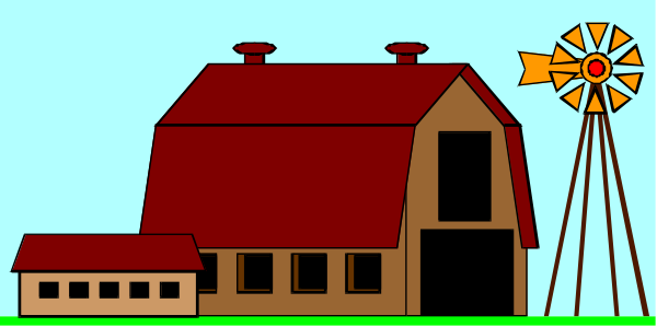 The image shows a cartoon depiction of an old red barn with two doors next to each other on either side; in front is a windmill-like structure that resembles a grain silo. To its right, there's a large yellow wheel or fan mounted above the ground level and connected by pipes running downward from it. In the background stands an old red barn with two doors next to each other on either side; in front is a windmill-like structure that resembles a grain silo. To its right, there's a large yellow wheel or