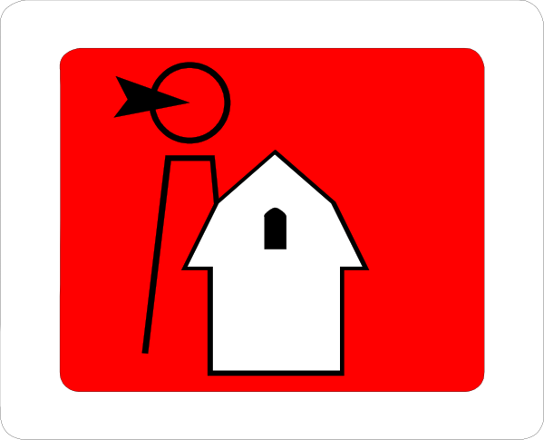 The image shows a red house with an arrow pointing to it on top of another sign that has two symbols: a hammer above a building icon and what appears to be a flag below them both.