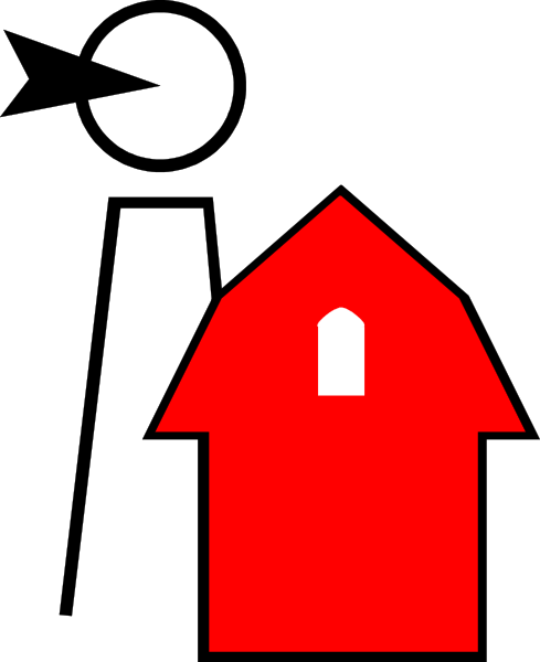 The image shows a simple red house icon with an arrow pointing upwards to its right side on what appears to be a digital display screen against a dark background.
