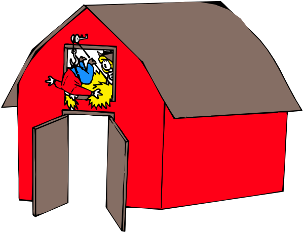 The cartoon shows a red barn with an open door on its left side; inside is a yellow chicken standing upright as if it's flying out of the building through the doorway.