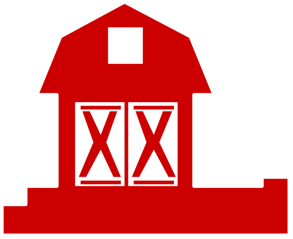 The image shows a red barn with two doors marked "X" on it against an indistinct background that appears to be a house outline in white within another rectangle shape.