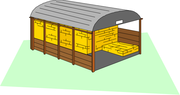 The image shows a simple cartoon depiction of an open wooden shed with yellow boxes inside it on what appears to be grassy ground in front of a building that has no visible details other than its roof structure, which is also made from wood and covered by metal sheets or corrugated material.