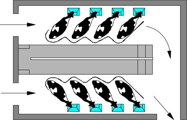 The image shows a pixelated representation of an interior space with multiple blue arrows pointing upwards on what appears to be a floor plan map within it.