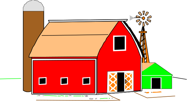 The image shows a cartoon depiction of an old red barn with white trim next to it is a green silo; in front of both structures stands a large windmill painted yellow on top half and black below, surrounded by grassy fields under what appears to be clear skies at sunset.