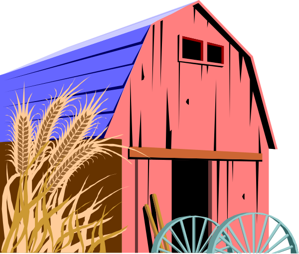 The image shows a cartoon depiction of an old red barn with hay bales around it set against a backdrop that includes tall grasses in front of two silos under a blue sky during what appears to be daytime, and there is no text present on this clip-art piece.