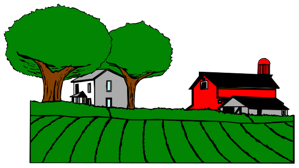 The image depicts a simple line drawing of two farm scenes with trees on either side; there is no text present within this small clip-art illustration.