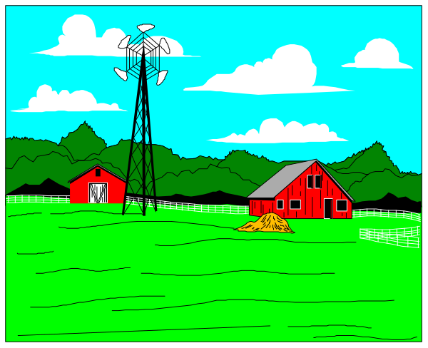 The image shows a cartoon depiction of two panels with different scenes: In the top panel there is an illustration of a rural landscape featuring farm buildings under blue skies; in the bottom panel we see another scene, this time showing a green field and trees during what appears to be dusk or dawn.