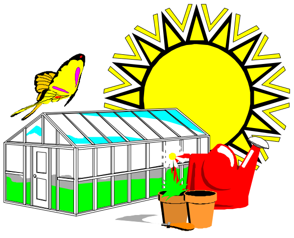 The image shows a cartoon depiction of two greenhouses with plants inside them under sunlight; to their right is an orange bucket next to what appears to be a red watering can on ground level in front of one house, and above it all there's a sunny sky background with clouds.