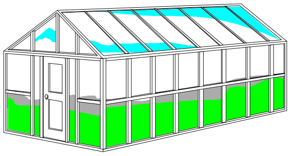 The image shows a simple line drawing of two greenhouse structures with white frames against a black background.