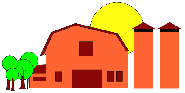 The image depicts a farm scene at sunset with silhouettes of trees against an orange sky; there is no text present in this small clip-art picture.