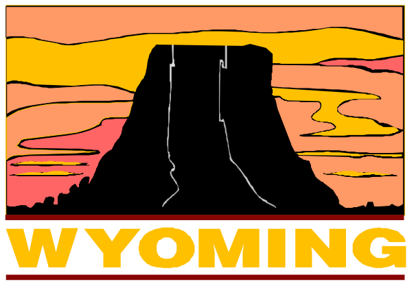 The image shows a graphic with two panels featuring an illustration of Monument Valley at sunset on both sides; between them is text that reads "WYOMING" in large letters above each panel.