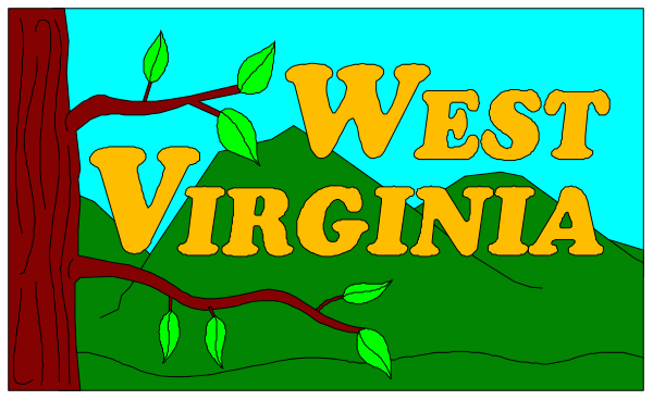 The image shows a cartoon representation of West Virginia with trees on either side framing it; there is text that reads "West virginia" in stylized lettering atop two hills within this frame, and below them appears to be an illustration of mountains or low-lying land.