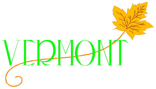 The image shows a banner with text that reads "VERMONT" at top and "Vermont Vineyard" below it in smaller font size; there is an autumn leaf design on either side of the word "Vermont."