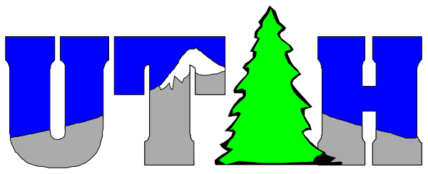 The image shows a logo with text that reads "Utah" above an illustration of mountains on either side, framed by trees at both ends; below this is another line of text reading "Wilderness."