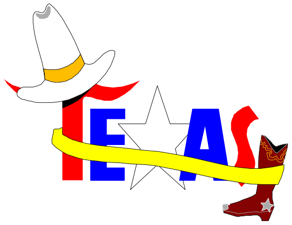 The image features a graphic with various elements related to Texas culture: there's an illustration of a cowboy hat on top left corner; in center right is "TEXAS" written prominently, and below it is another word that appears to be cut off or obscured by the edge. To its left are two crossed guns pointing upwards with red handles at their ends. Below these weapons, there's a depiction of boots on top of each other; one boot has spurs attached while both have stars embroidered onto them. The background is black and provides