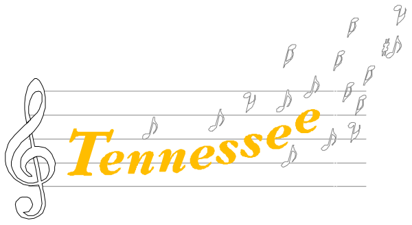 The image shows a black and white piano with musical notes on it that spell out "Tennessee."