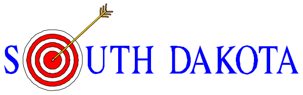 The image shows a logo with text that reads "SOUTH DAKOTA" at top right corner of an archery target in blue letters on white background; there is also a red arrow pointing to the center of the bullseye, and below it says "South Dakota State University."