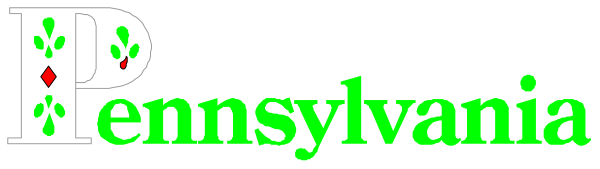The image shows a logo with text that reads "PENNSYLVANIA" at the top of an oval shape in green font on a white background. Below this is another line of smaller, black lettering spelling out "PA."