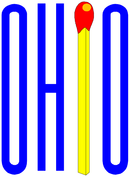The image shows a graphic representation of an Ohio state flag with its distinctive design elements: a torch on top left corner representing enlightenment; a red circle in center right symbolizing freedom from oppression; white stars above and below this circle, signifying states within the union (17 original ones); blue horizontal stripes at bottom indicating strength and vigilance.