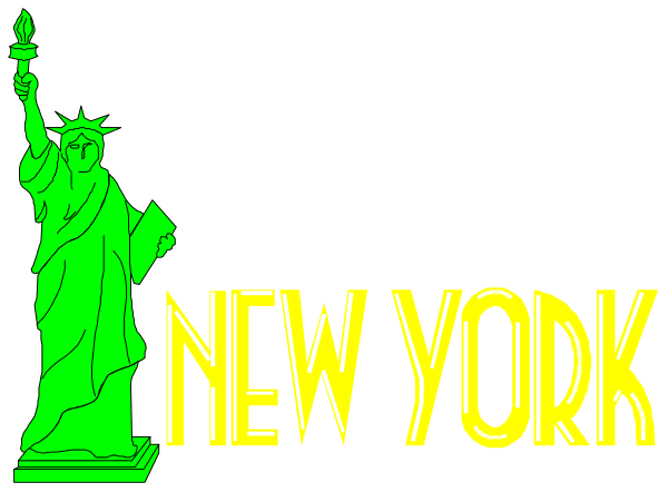 The image features a black background with two iconic statues of liberty figures on either side; between them is text that reads "NEW YORK" in large white letters atop an outline of New York City, which includes the Statue of Liberty and other recognizable landmarks such as Times Square.