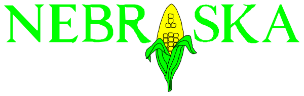 The image shows a logo with text that reads "NEBRASKA" at top of an illustration featuring corn on the cob in front of it is a green field under blue sky; below this graphic is another line of text reading "Nebraska."