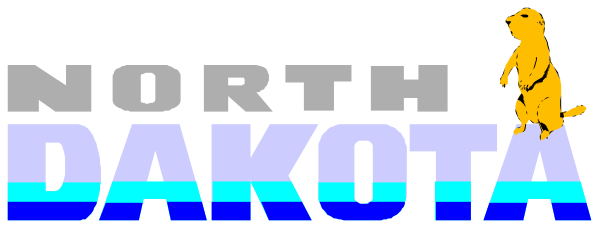 The image shows a logo with text that reads "NORTH DAKOTA" at the top of an illustration featuring what appears to be a stylized figure resembling a person running in front of two lines, one blue and one green, suggesting motion or directionality; below this is another line reading "DAKOTA." The style suggests it could represent state pride.