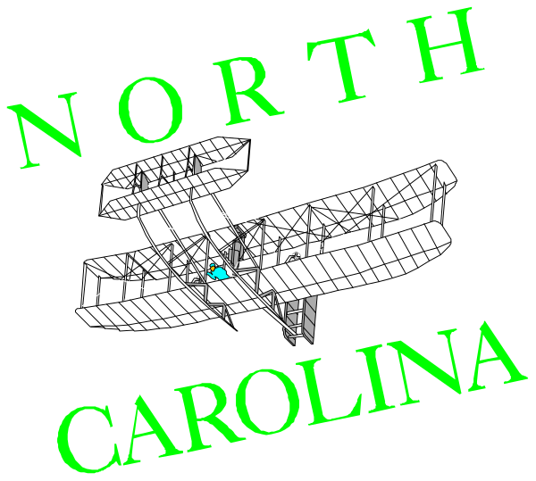 The image shows a black and white illustration of an airplane with wings spread out against a dark background; above it is text that reads "NORTH CAROLINA" in capital letters atop two lines, one green and one red, suggesting flags or banners.