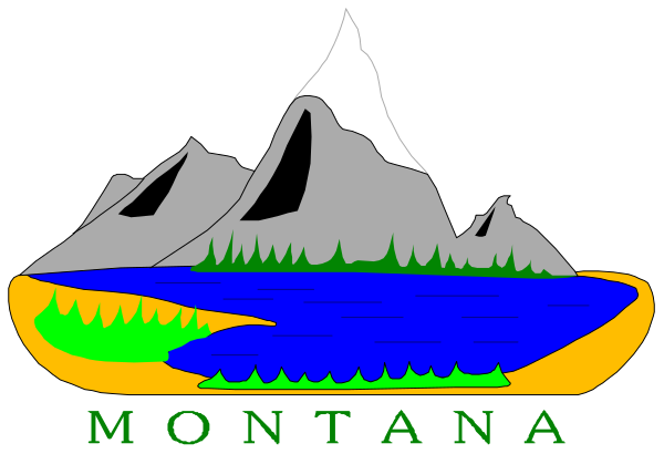 The image shows a stylized graphic of Montana with mountains on either side featuring green trees at their base; there is text that reads "Montana" in capital letters below two mountain peaks.