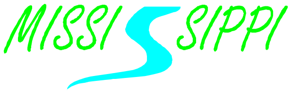 The image shows a sign with text that reads "Mississippi" on it against an outdoor background featuring trees and sky.