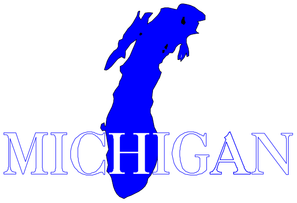 The image shows a graphic with text that reads "MICHIGAN" at top left corner followed by an outline of Michigan's lower peninsula in blue on right side against white background; below it, there is another line of smaller print reading "michigan state university."