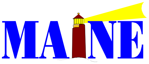 The image shows a logo with text that reads "MAINE" at the top of an illustration featuring a lighthouse on its left side against a blue sky background.