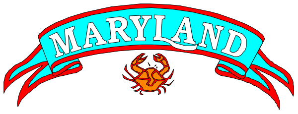 The image shows a sign with text that reads "MARYLAND" at its center above an illustration of Maryland's state flag on either side; it is set against a dark background.