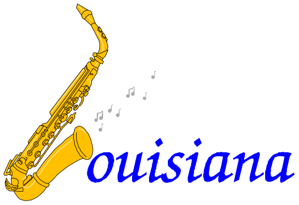 The image shows a logo with text that reads "Louisiana" at top right corner of an illustration featuring musical notes on staff lines in blue against white background; below this is silhouette of saxophone and treble clef symbol, both rendered in black outline without shading.