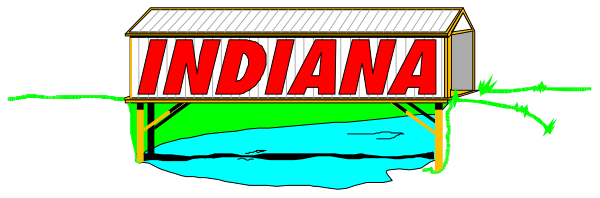 The image shows a sign that reads "INDIANA" with an illustration of water flooding around it on either side, suggesting recent heavy rainfall in Indiana.