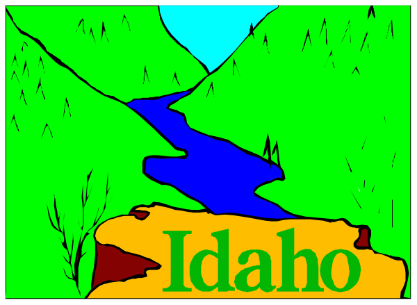 The image shows a stylized representation of Idaho with its geographical features such as mountains, rivers, valleys, and forests depicted in green tones against a blue background that resembles water.
