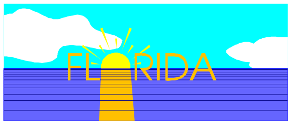 The image shows a cartoon depiction of an ocean scene with text that reads "FLORIDA" at both ends in bold letters against blue backgrounds; there is also a sunset on one side, and it appears to be daytime on the other due to different lighting conditions within each frame.
