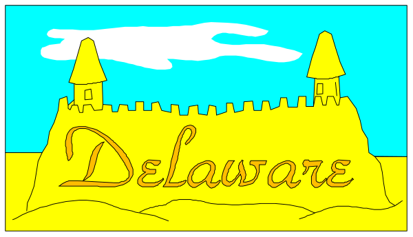 The image shows a cartoon depiction of two signs with text that reads "Delaware."