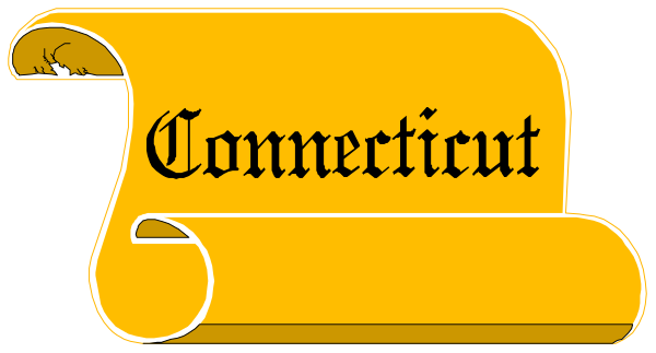 The image shows a stylized graphic of an open book with text that reads "Connecticut."