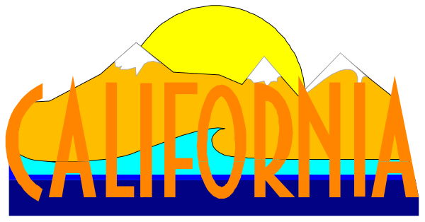 The image shows a graphic with text that reads "CALIFORNIA" at the top of an illustration depicting mountains under what appears to be sunshine during either dawn or dusk.