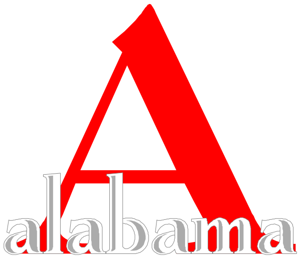 The image shows a logo with text that reads "ALABAMA" at the top right corner of an 'a' shape in red color against a white background.