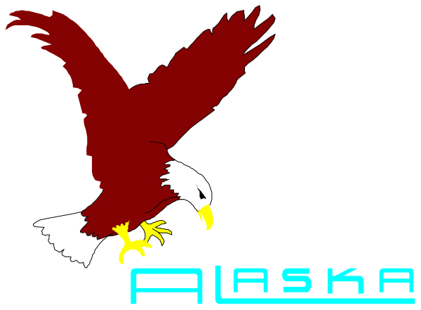 The image shows a graphic with an eagle on top of Alaska's state flag design; it is stylized in black-and-white tones against a dark background.