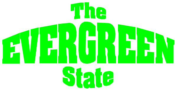 The image shows a logo with text that reads "THE EVERGREEN STATE" atop an illustration of what appears to be a green tree branch against a white background; below this is another line of text in black font reading "Evergreen State."