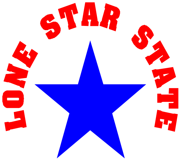 The image shows a graphic with text that reads "LONE STAR" at top left corner followed by an asterisk symbol in red color on blue background; below it is another line of white text reading "STATE". In center, there's a star-shaped emblem resembling the Texas state flag. The bottom part features additional black and white text that says "LONE STAR" again with two lines underneath stating "STATE OF TEXAS."