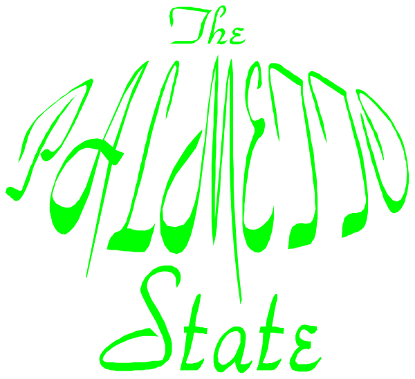 The image shows a logo with text that reads "THE PALMOLDO STATE" at the top of an oval shape in green font on a black background. Below this is another line of cursive script, also in green but smaller and less prominent than the upper text.