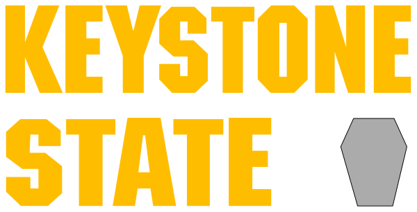The image shows a logo with text that reads "KETCHUP STATE" at top left corner of an oval shape in white font on black background; below it is another line of smaller yellow letters spelling out "KEYSTONE."