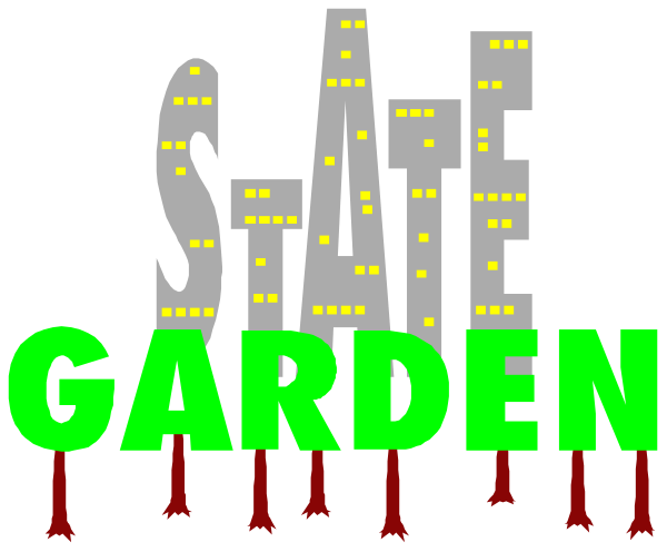 The image shows a graphic with text that reads "STATE GARDEN" at the top right corner against an urban night sky background featuring silhouettes of buildings illuminated by lights.