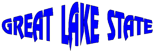 The text "GREAT LAKE STATE" on a banner is visible against an indistinct background with blue lettering in front of it.