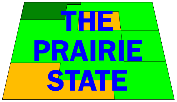 The image shows a sign that reads "The Prairie State" with an overlaid map of what appears to be North Dakota in various shades of green, blue, yellow, red, white, black and gray tones indicating different areas within the state.